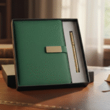 Green Diary and Pen Gift Set with Laser Engraving Metal Plate