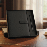 black Diary and Pen Gift Set with Laser Engraving Metal Plate