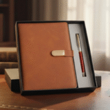 Brown Colour Capsule Metal Plate Diary and Pen Gift Set