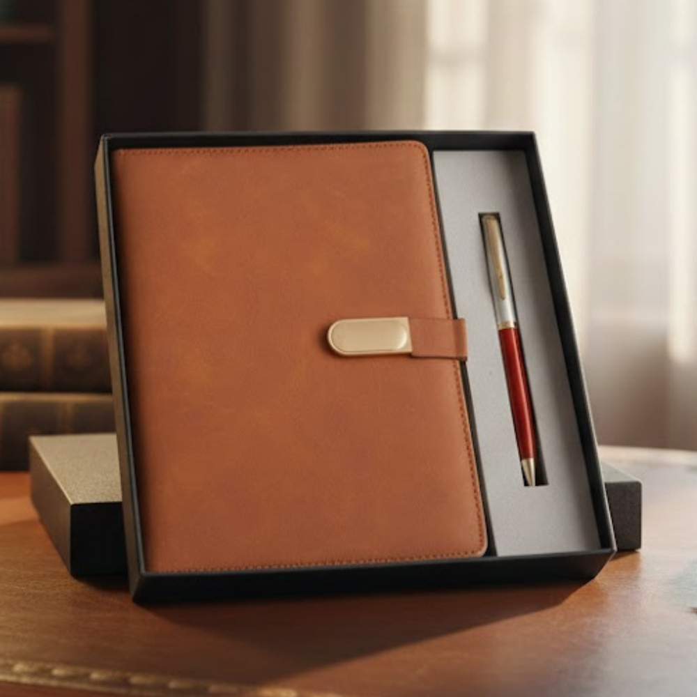 Brown Colour Capsule Metal Plate Diary and Pen Gift Set