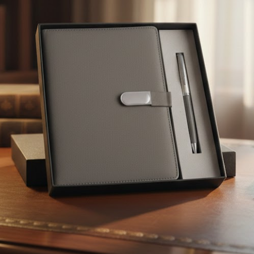 Grey Colour Capsule Metal Plate Diary and Pen Gift Set